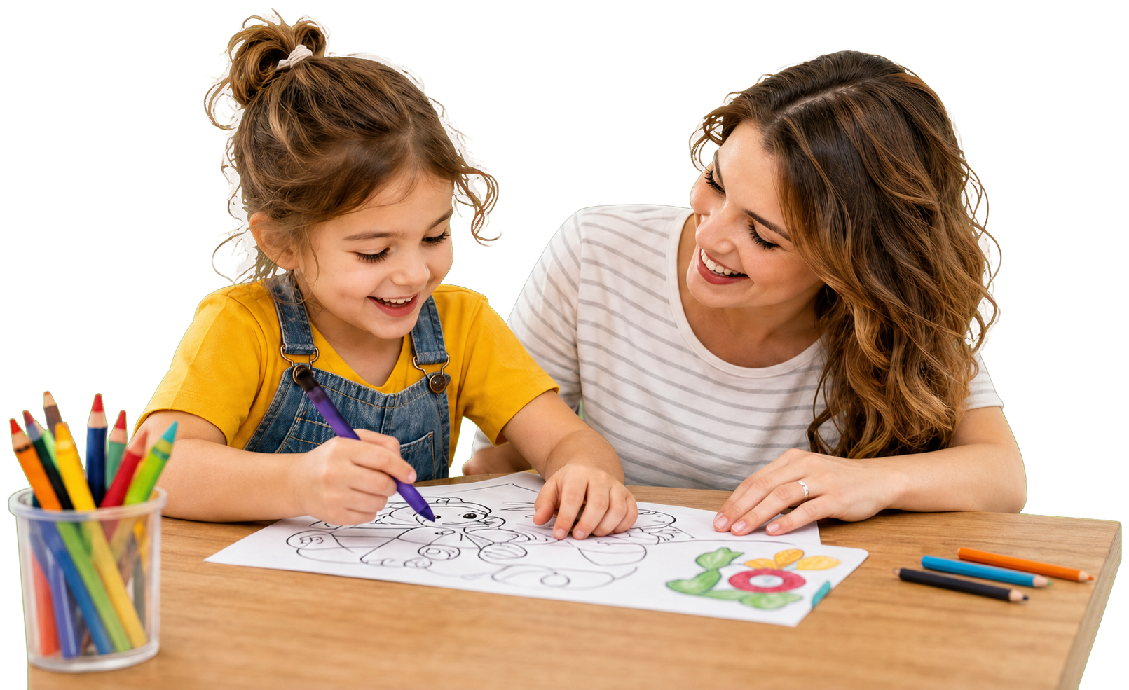 A smiling girl colors a printable page with a purple crayon while her mother watches beside her.