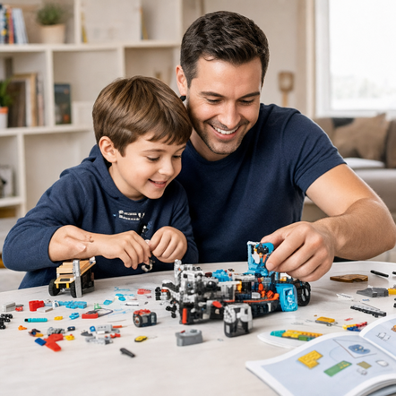 A father and his son smile while building a robot kit together.